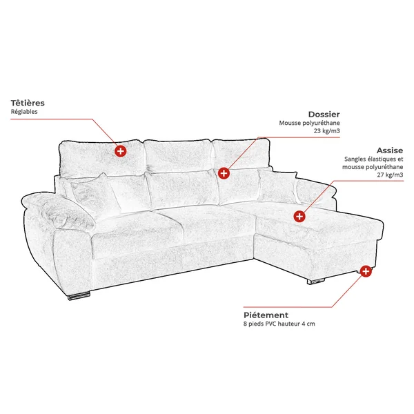Canapé d'angle convertible et réversible en tissu noir Omega