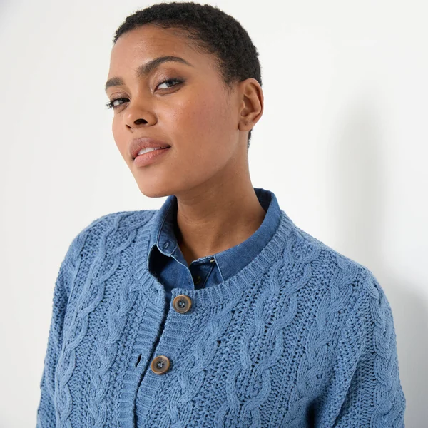 Cardigan boutonné, maille torsadée, bleu jean