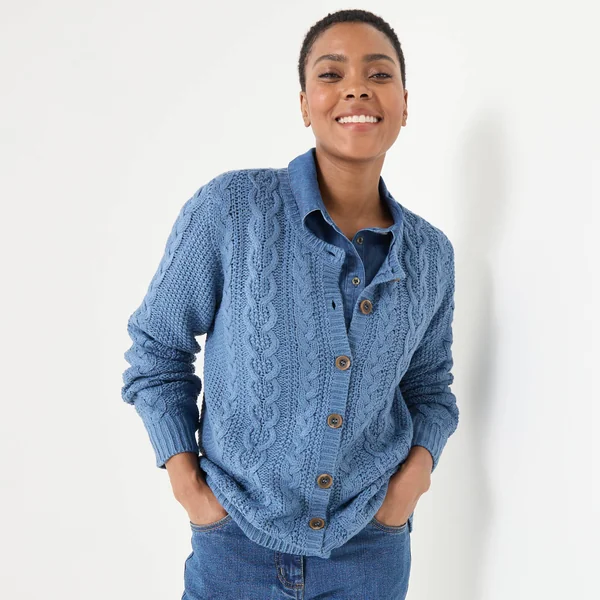 Cardigan boutonné, maille torsadée, bleu jean