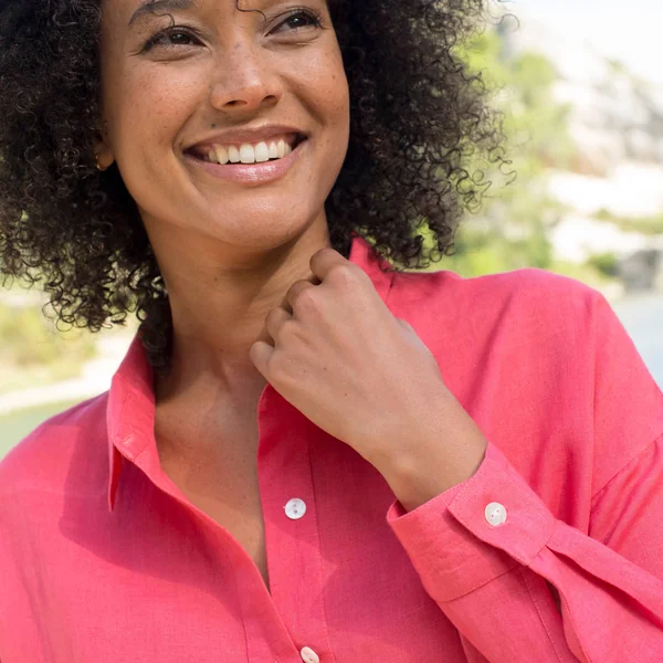 Chemise en coton-lin, manches longues retroussables , rose
