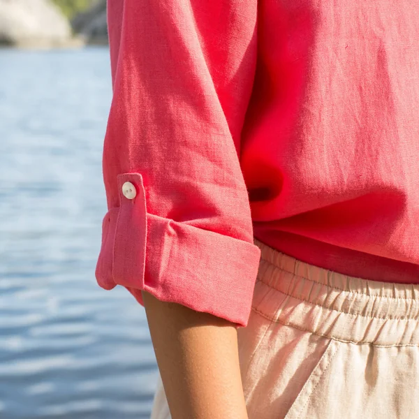 Chemise en coton-lin, manches longues retroussables , rose