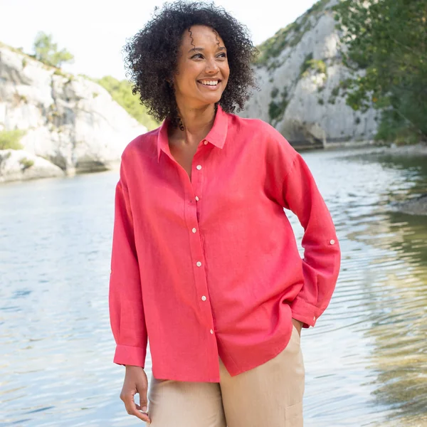 Chemise en coton-lin, manches longues retroussables , rose