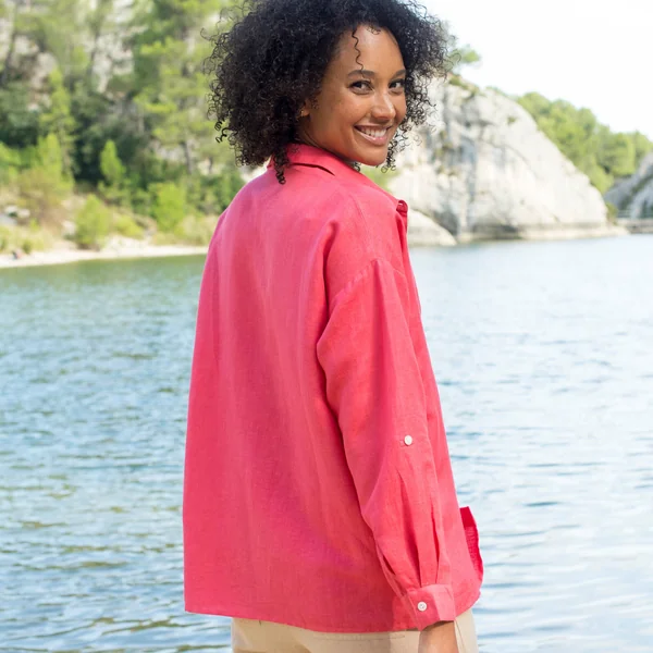 Chemise en coton-lin, manches longues retroussables , rose