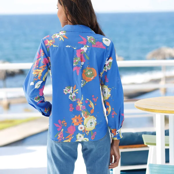 Chemise imprimé fleuri maxi, coton, bleu / multicolore
