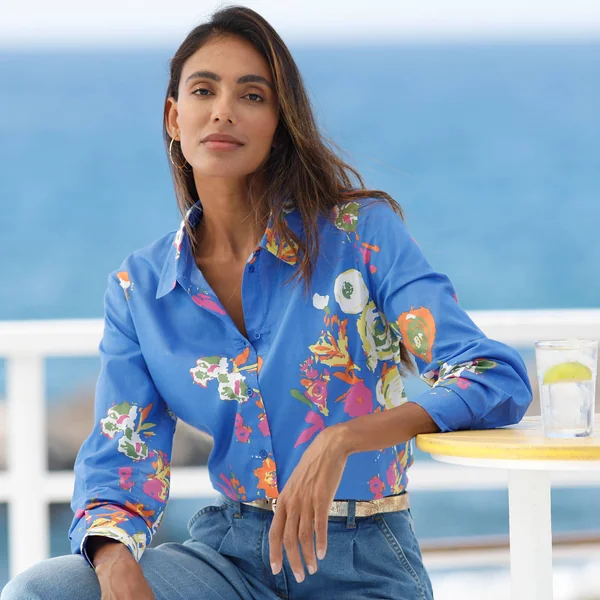 Chemise imprimé fleuri maxi, coton, bleu / multicolore