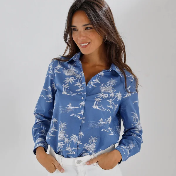 Chemise imprimé palmiers bicolore, bleu / blanc