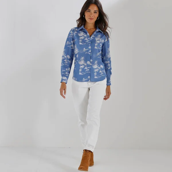 Chemise imprimé palmiers bicolore, bleu / blanc