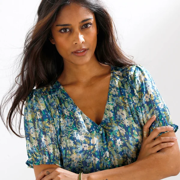 Chemisier boutonné manches blousantes imprimé, voile jacquard, bleu grisé