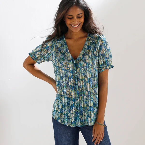 Chemisier boutonné manches blousantes imprimé, voile jacquard, bleu grisé