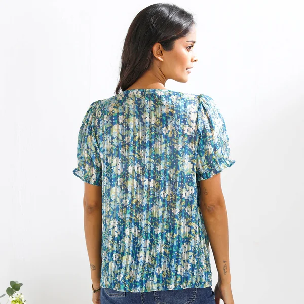 Chemisier boutonné manches blousantes imprimé, voile jacquard, bleu grisé
