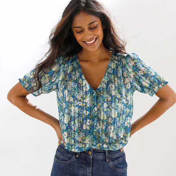 Chemisier boutonné manches blousantes imprimé, voile jacquard, bleu grisé