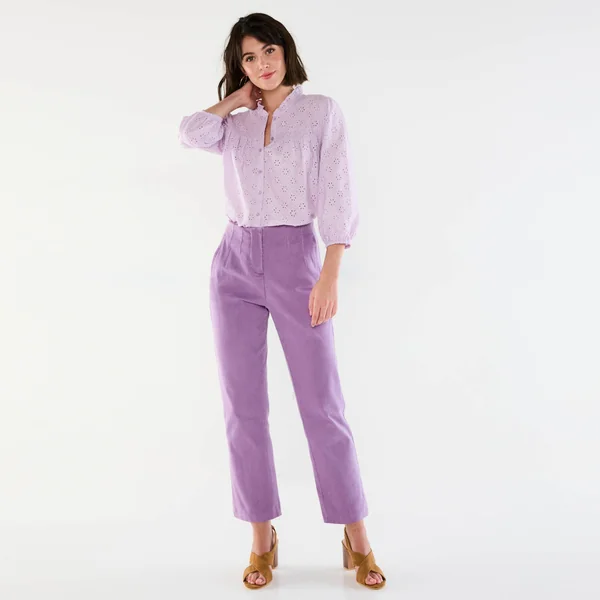 Chemisier broderie anglaise, smocks et col volanté, lilas