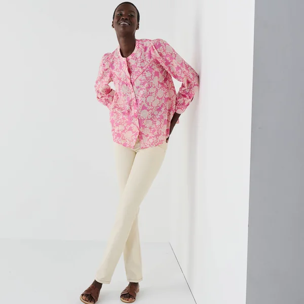 Chemisier imprimé bicolore, voile de coton, rose / écru