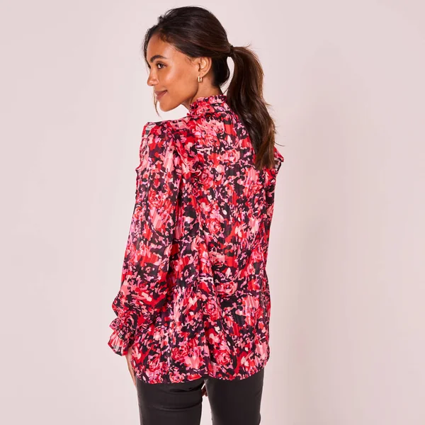 Chemisier imprimé col officier volanté, prune / rouge