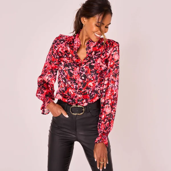 Chemisier imprimé col officier volanté, prune / rouge