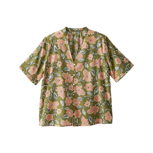 Chemisier imprimé floral col tunisien, manches courtes, vert / pêche