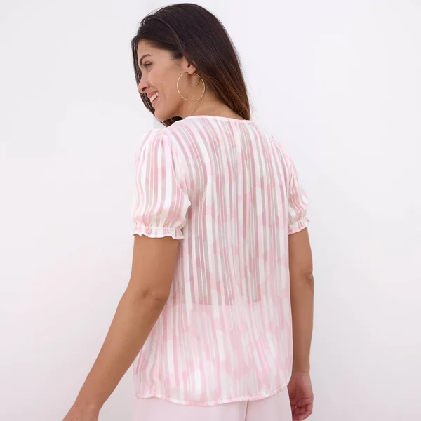 Chemisier manches blousantes imprimé bicolore, voile jacquard, écru / rose pâle