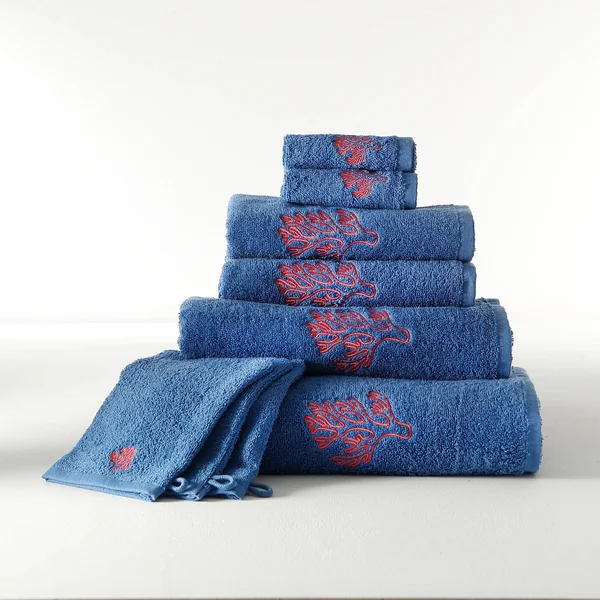 Collection serviettes de bain 420 g/m² brodées corail, bleu dur