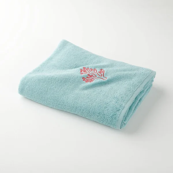 Collection serviettes de bain 420 g/m² brodées corail, vert d'eau