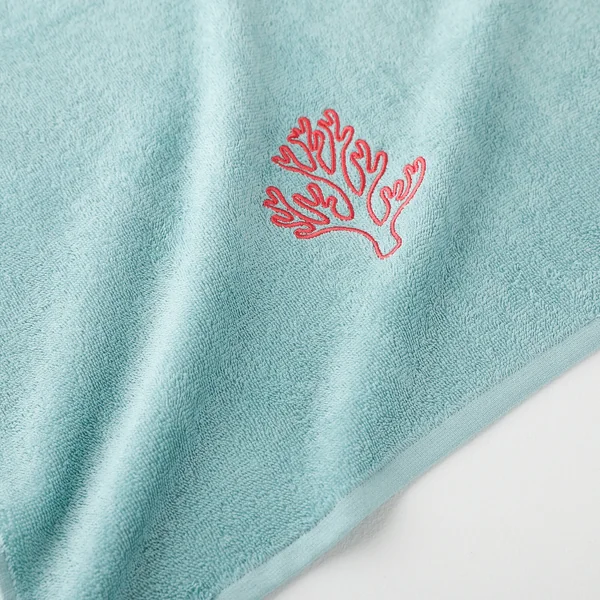 Collection serviettes de bain 420 g/m² brodées corail, vert d'eau
