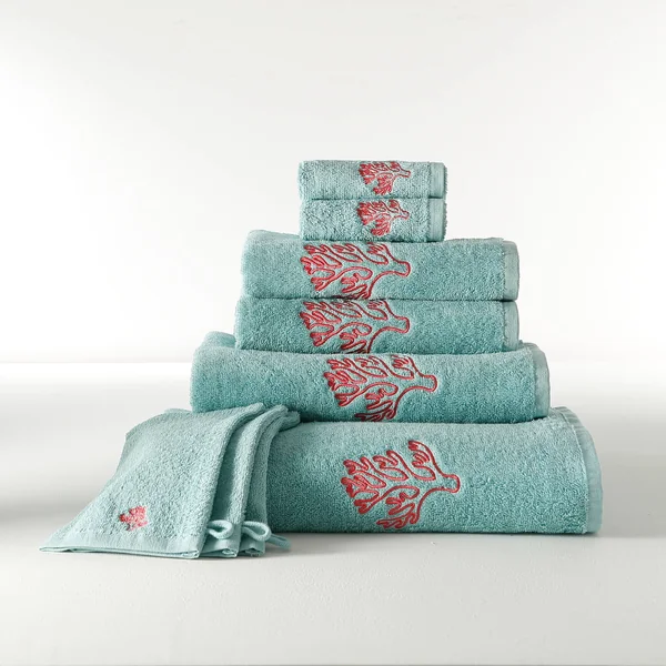 Collection serviettes de bain 420 g/m² brodées corail, vert d'eau