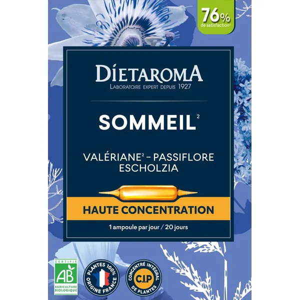 Complément alimentaire valériane, passiflore, escholtzia CIP bio Dietaroma sommeil - 20 ampoules x 10 ml
