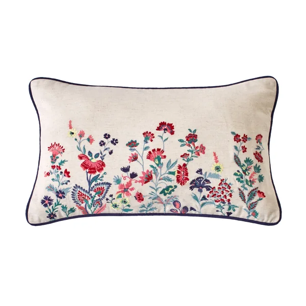 Coussin brodé fleurs Folk, naturel / multicolore