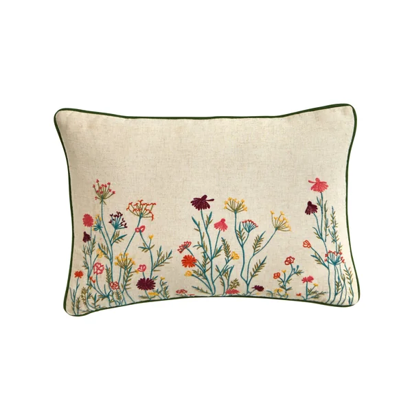 Coussin rectangulaire coton lin broderie fleurie, vert / orange