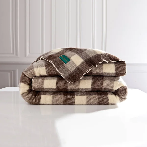 Couverture pure laine fabrication française 400 g/m², carreaux marron