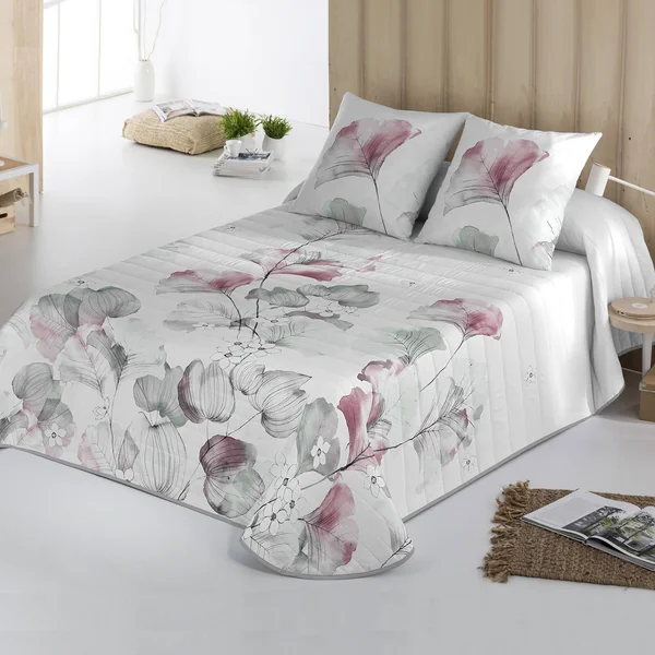 Couvre-lit matelassé imprimé bourgeons, blanc