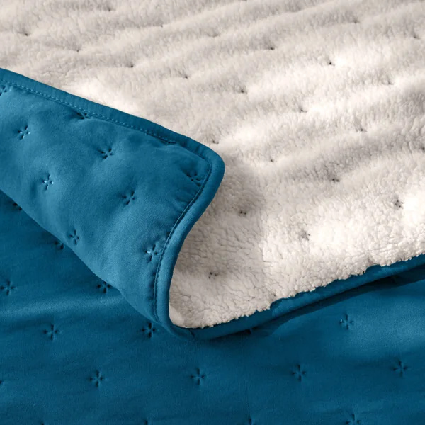 Couvre-lit réversible microfibre matelassée/sherpa, bleu paon