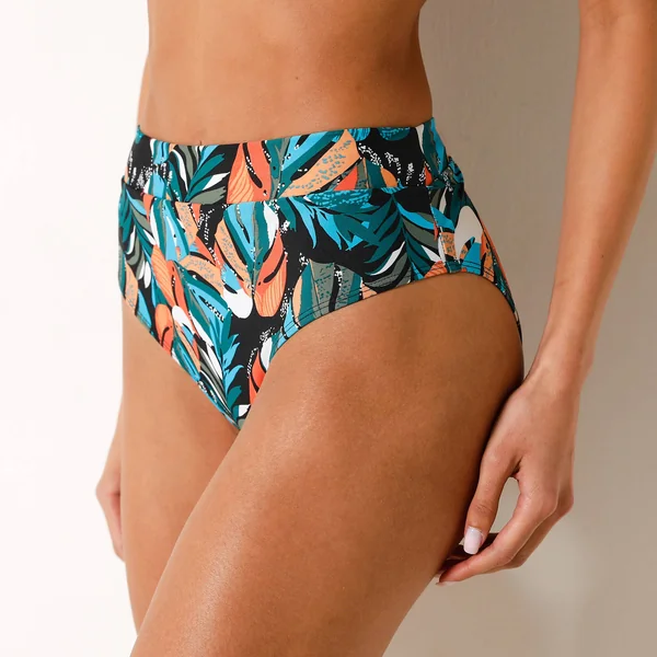 Culotte de bain maxi taille haute Baracoa, effet ventre plat, noir / corail