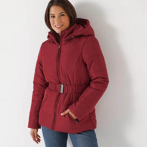 Doudoune courte ceinturée, rouge foncé