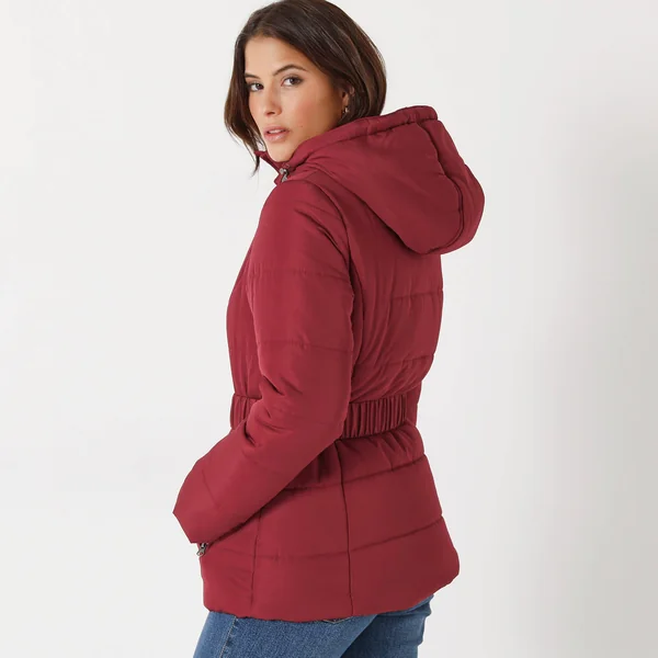 Doudoune courte ceinturée, rouge foncé