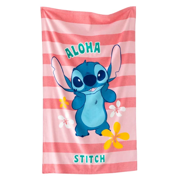 Drap de bain enfant Stitch éponge et velours coton - 320g/m² , rose