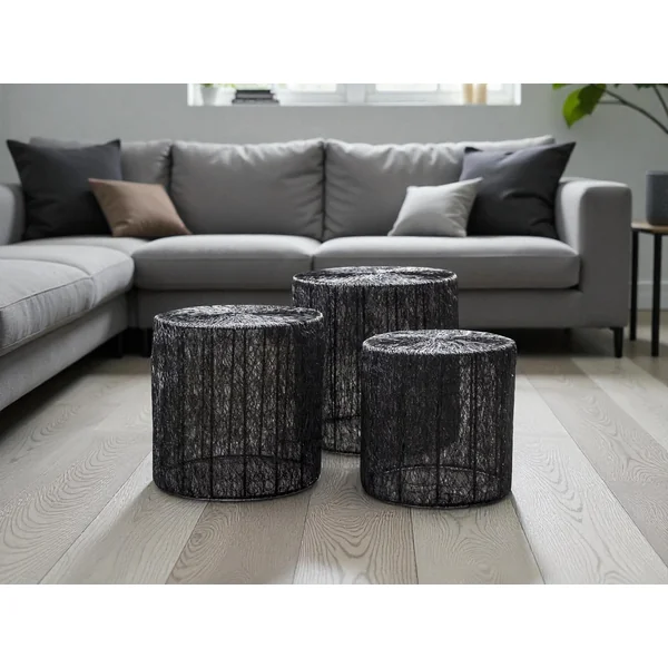 Ensemble de tables basses industrielles en acier noir avec plateau rond Matthis