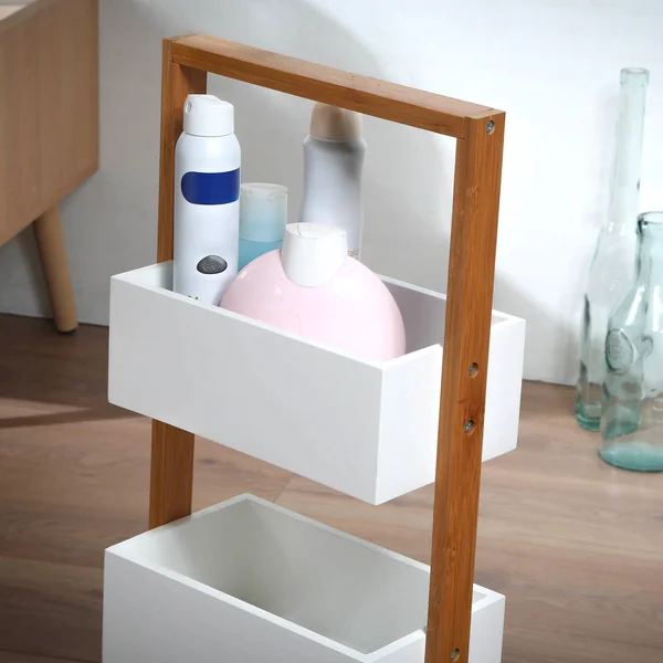 Etagère bambou 3 bacs de rangement, blanc