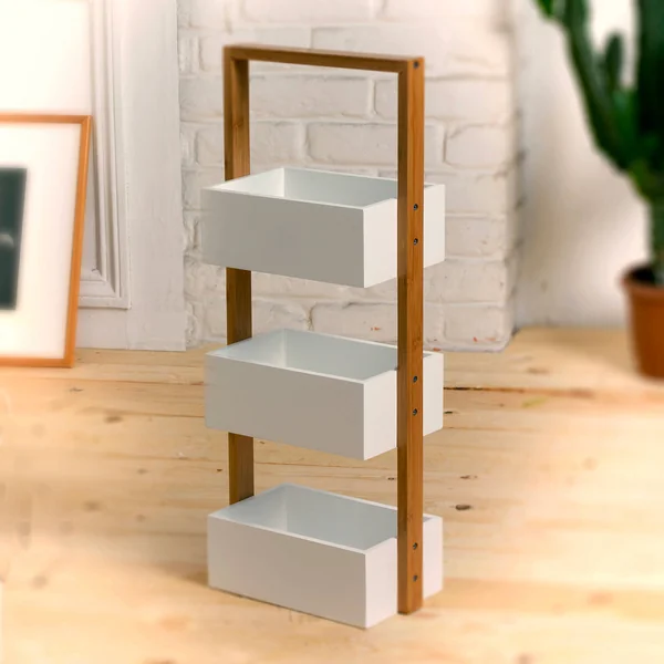 Etagère bambou 3 bacs de rangement, blanc
