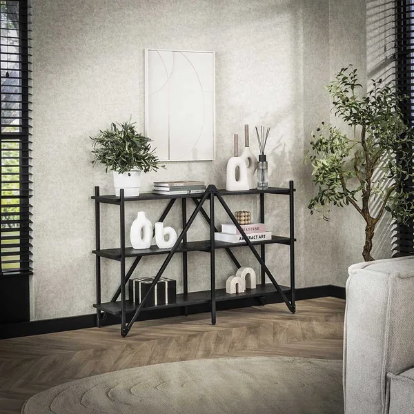 Etagère industrielle 130 cm en métal et teck gris Pivoine