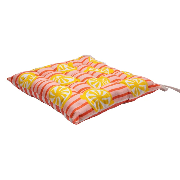 Galette de chaise imprimé rayé et citrons réversible - lot de 2, jaune / corail