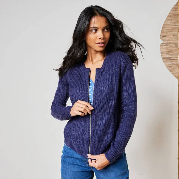 Gilet zippé, maille anglaise, marine