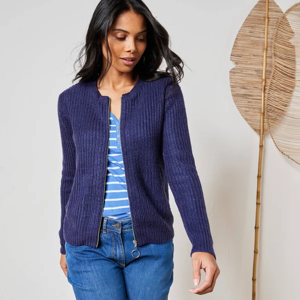 Gilet zippé, maille anglaise, marine