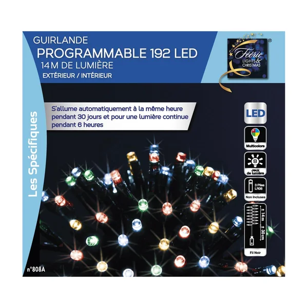 GUIRLANDE ELECTRIQUE EXTERIEUR 192 LED 14M MULTICOLORE PILES