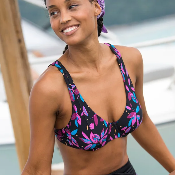 Haut de maillot de bain forme foulard imprimé Lokia - avec armatures flexibles , noir / fuchsia