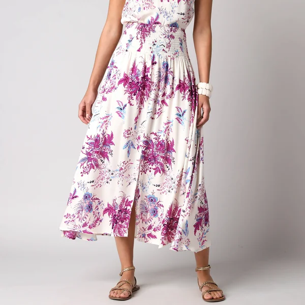 Jupe longue évasée imprimé floral, taille smockée, écru / rose
