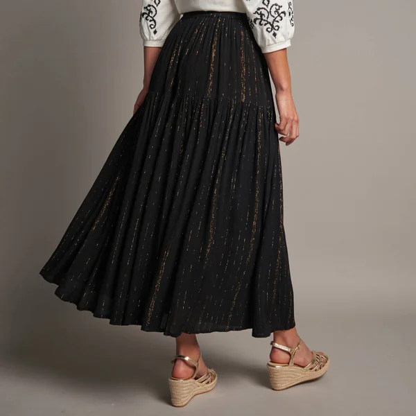 Jupon long en crépon et fils brillants, taille élastiquée, noir / doré