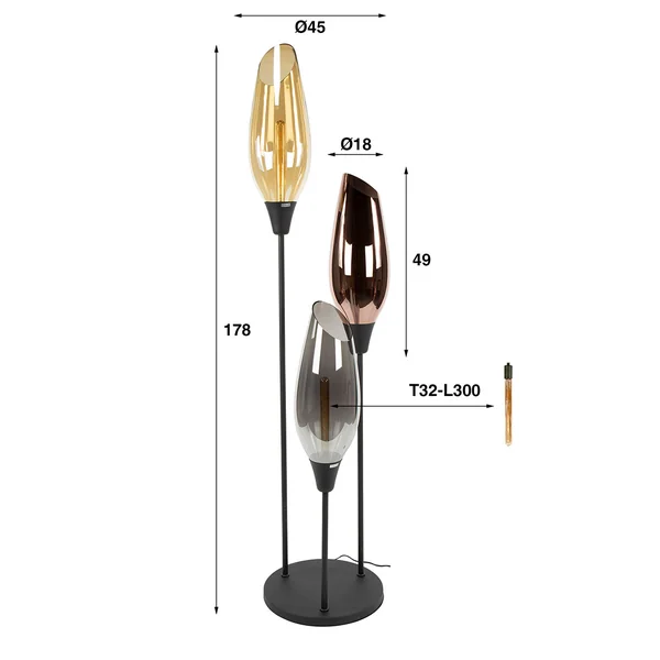 Lampadaire moderne métal et verre tricolore H 178 cm Cocoon