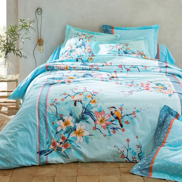 Linge de lit Birdy en coton imprimé oiseaux, lagon