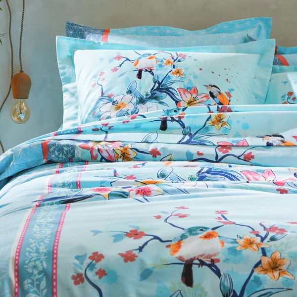 Linge de lit Birdy en coton imprimé oiseaux, lagon