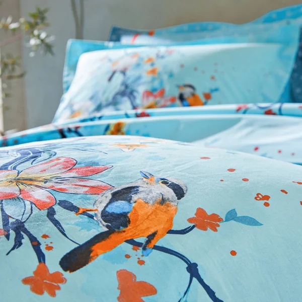 Linge de lit Birdy en coton imprimé oiseaux, lagon